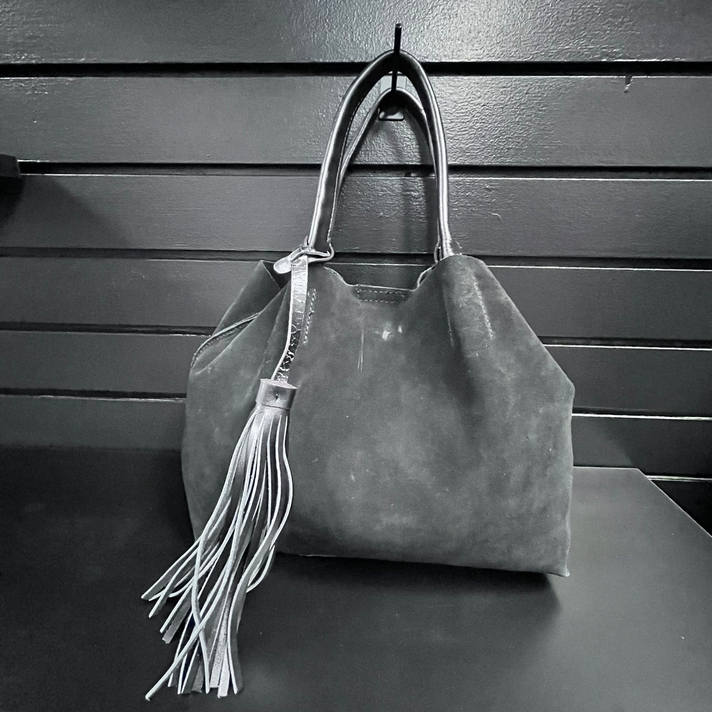 Black Suede Zip Satchel Handbag with Tassel
