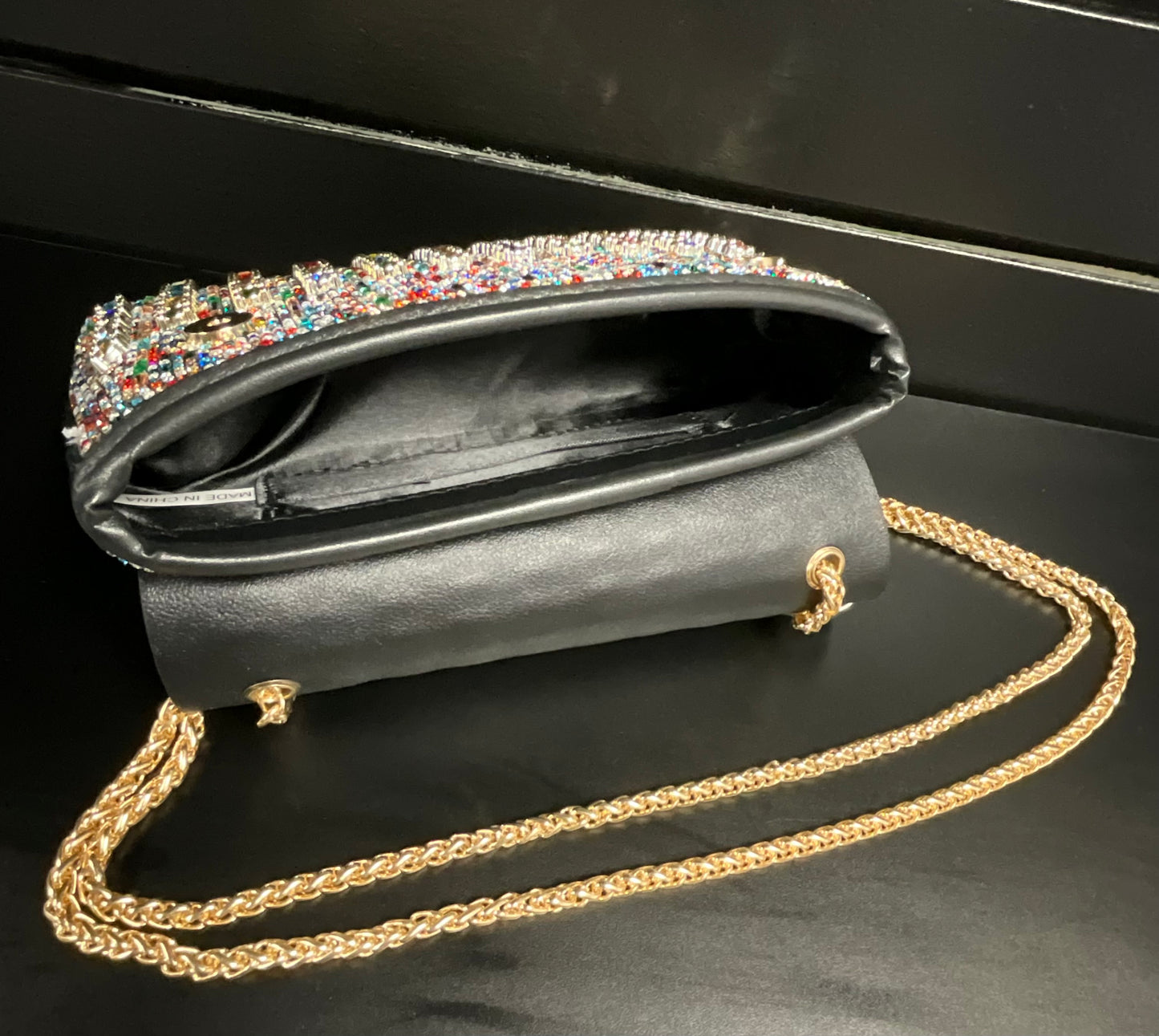 Gold Color Silver Rhinestone Chain Link Clutch