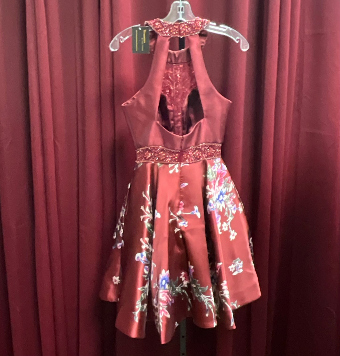 Let's Burgundy Rhinestone Design Floral A-Line Halter Style Mini Dress