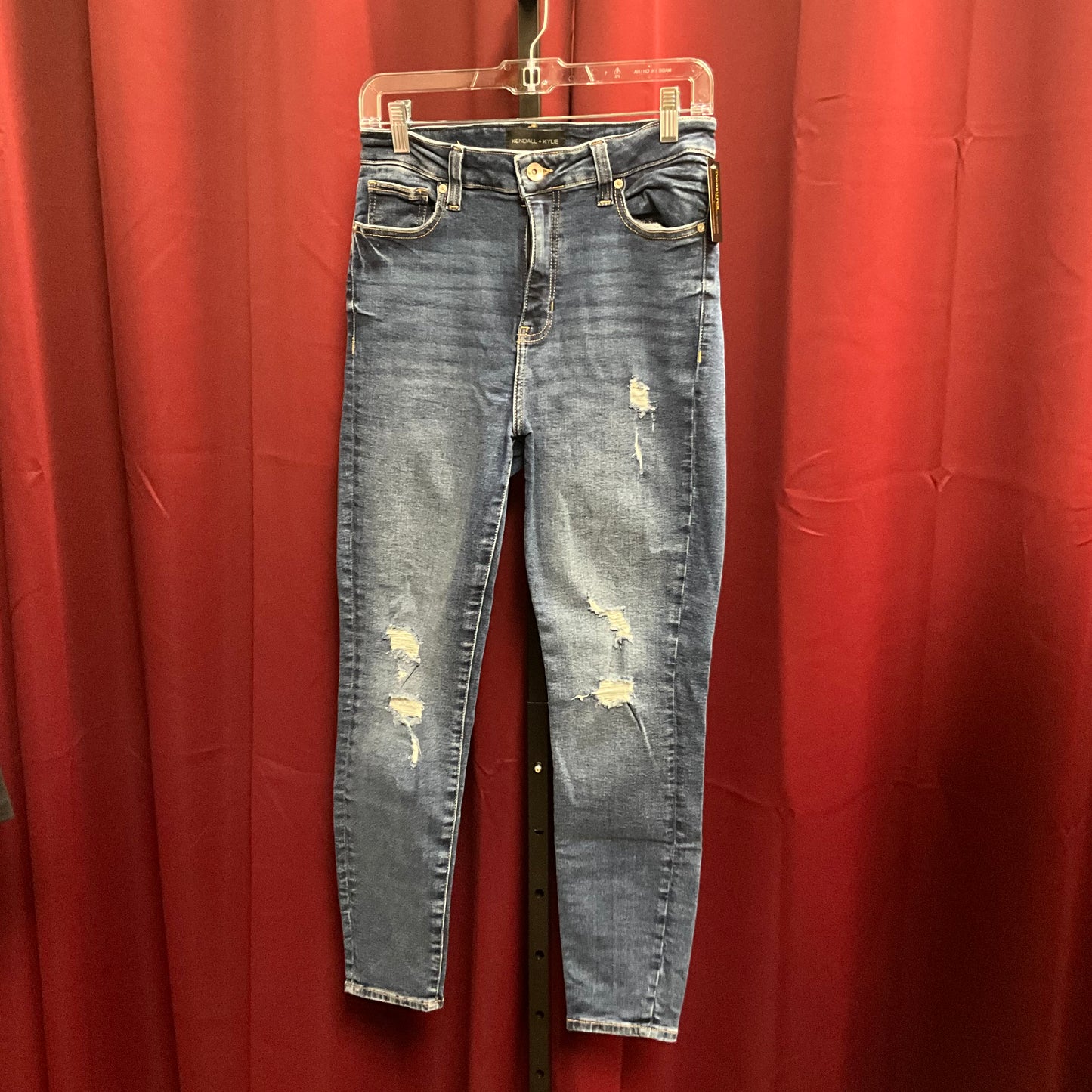 Kendall & Kylie Women's Distressed The Kontour High Rise Straight Blue Jeans.