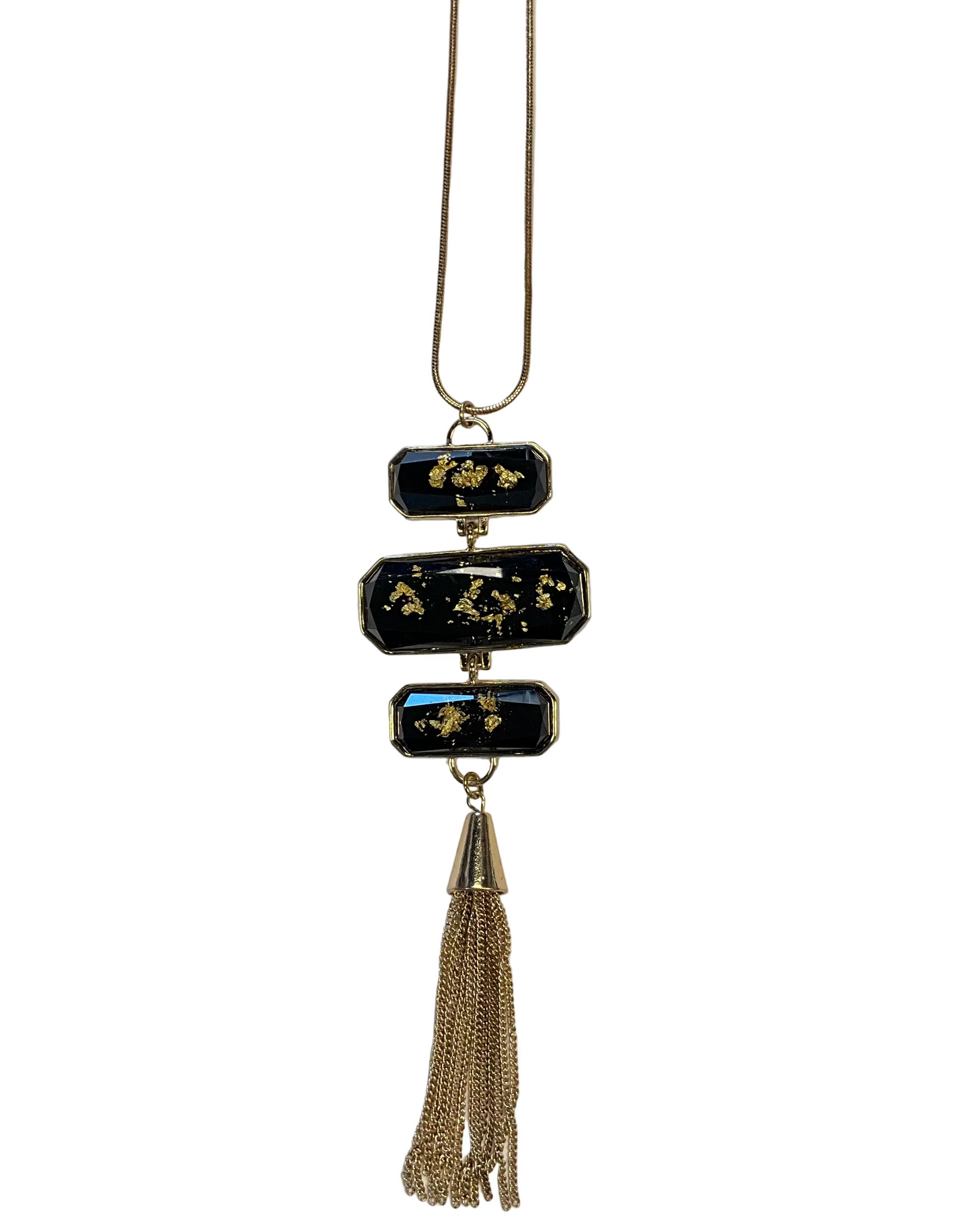 Rectangular Black and Gold Tone Pendant Necklace With Tassel