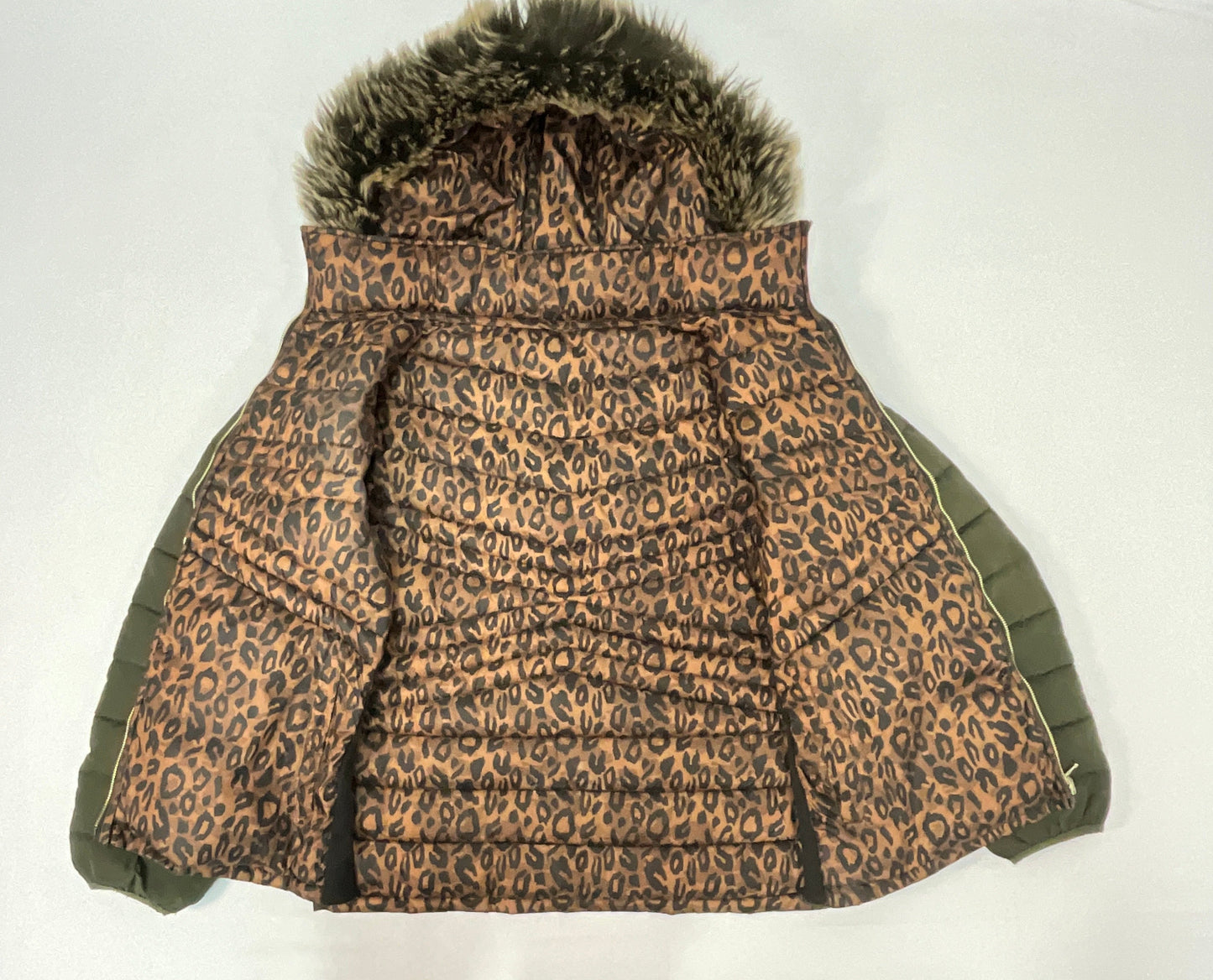 Snobbish Women's Reversible Olive Green/Animal Print Faux Fur Hooded Puffer Coat