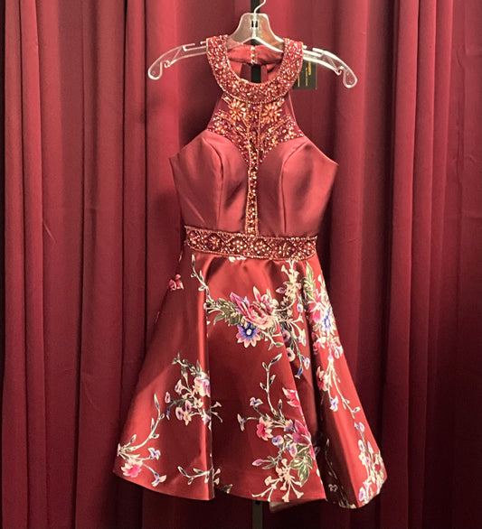 Let's Burgundy Rhinestone Design Floral A-Line Halter Style Mini Dress