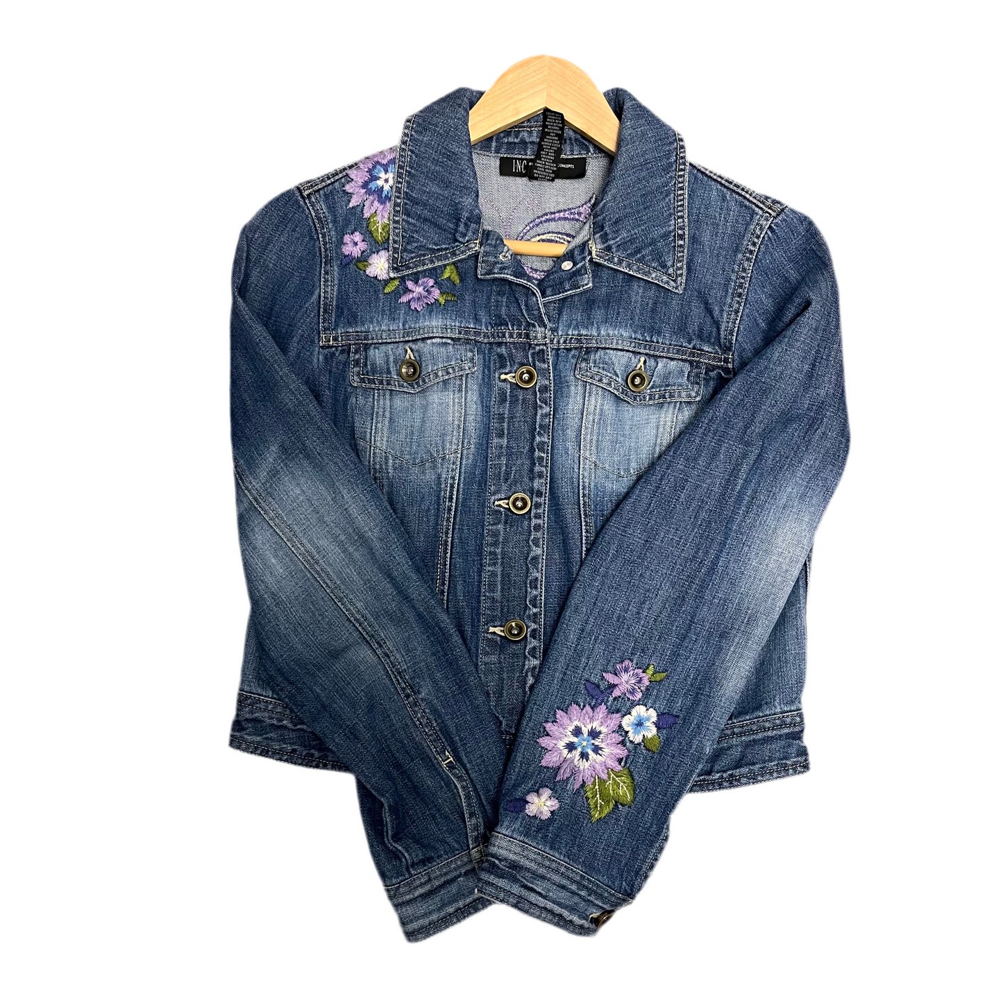 INC International Concepts Women's Floral Embroidered Denim Blue Jacket