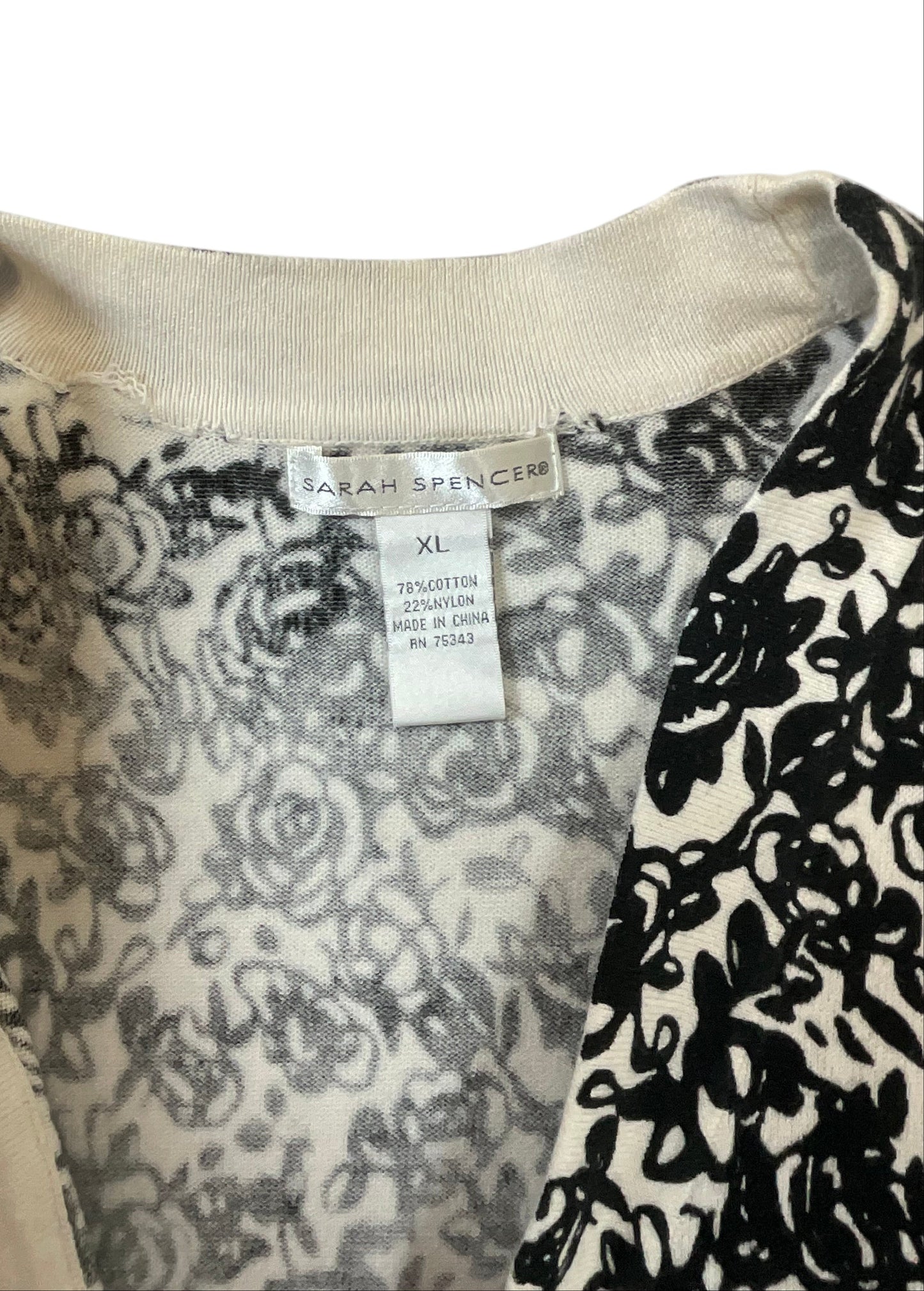 Sarah Spencer Womens XL Black Ivory Floral Open Front Cardigan 3/4 Sleeve