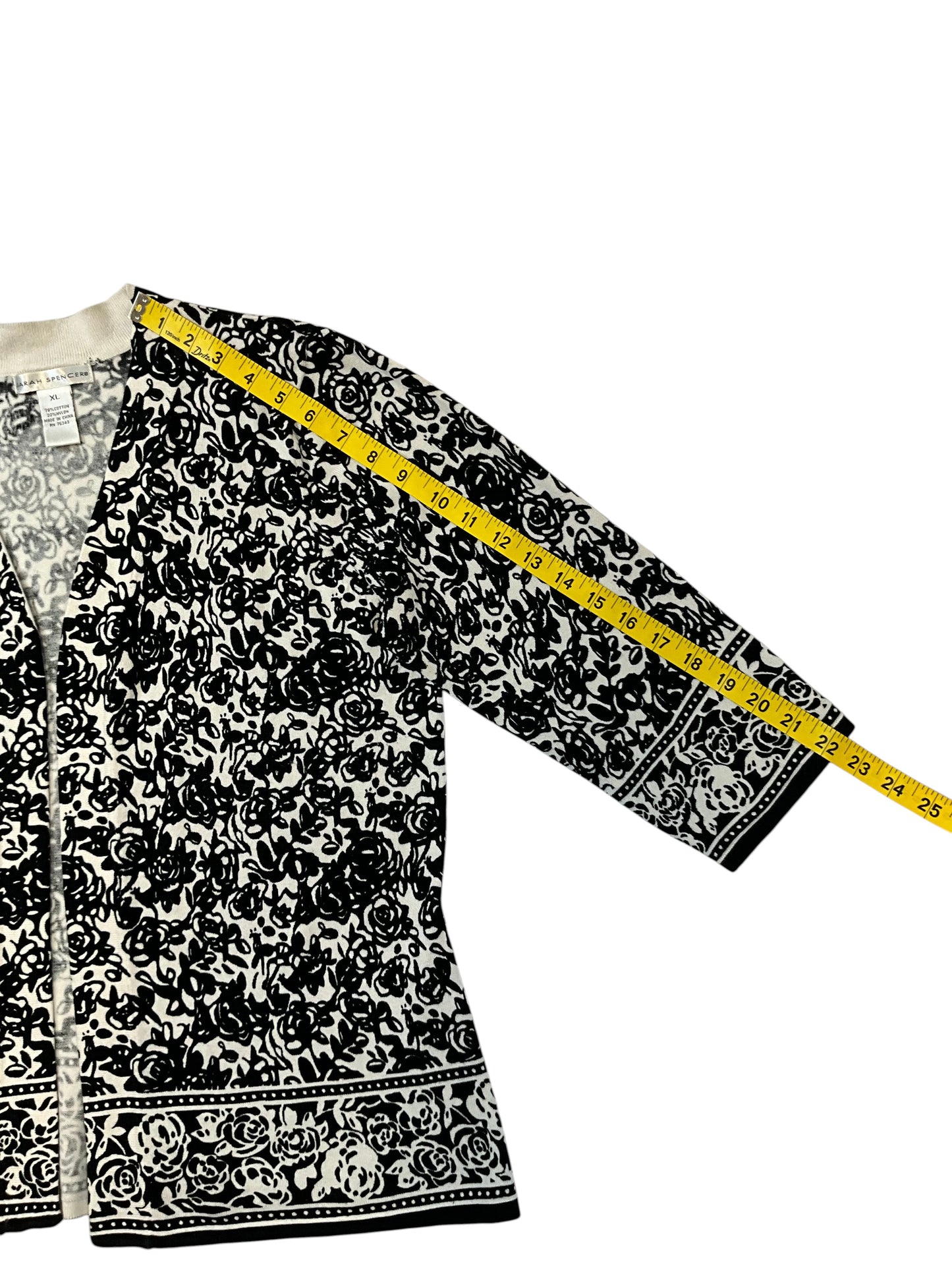 Sarah Spencer Womens XL Black Ivory Floral Open Front Cardigan 3/4 Sleeve