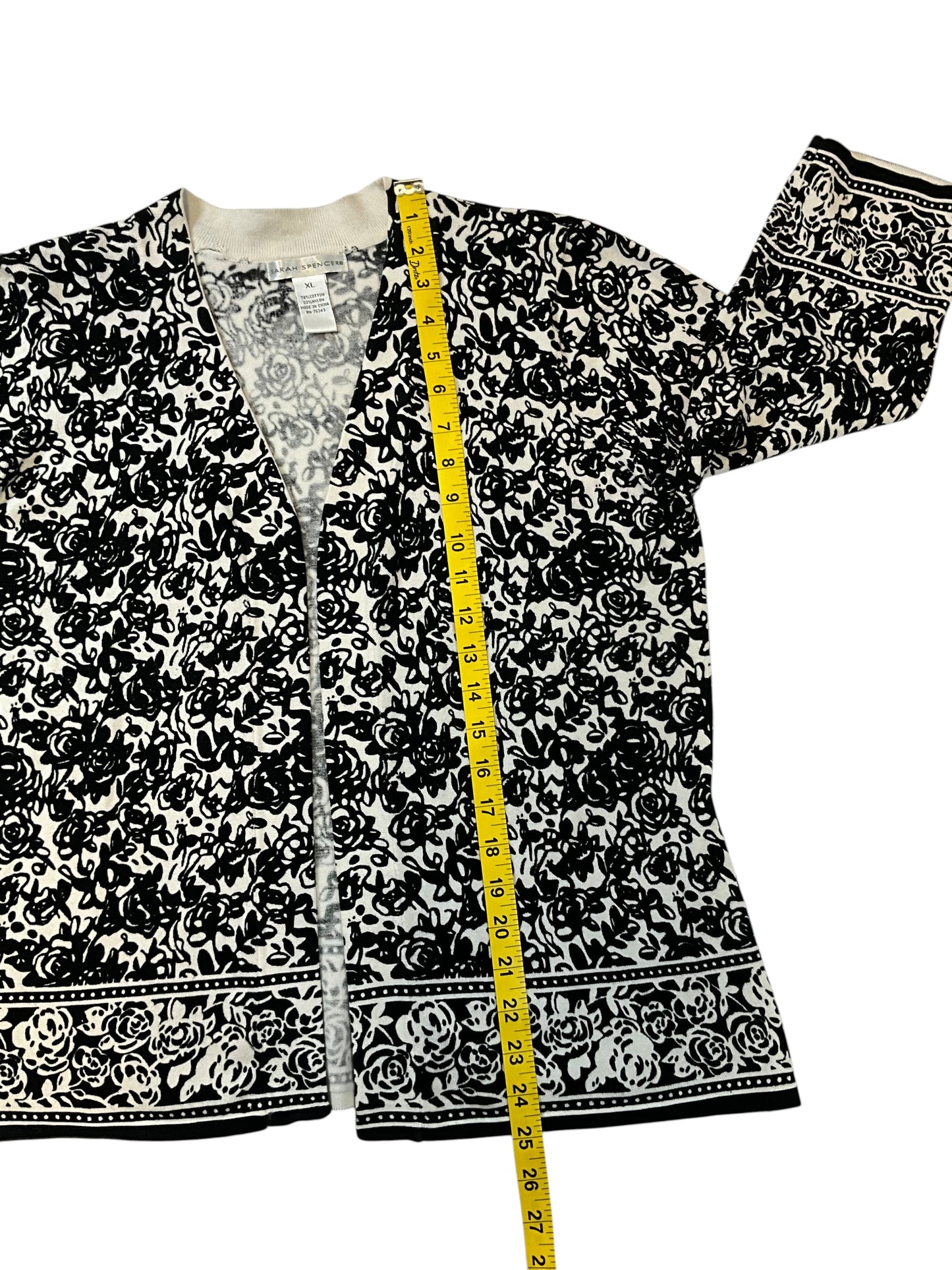 Sarah Spencer Womens XL Black Ivory Floral Open Front Cardigan 3/4 Sleeve