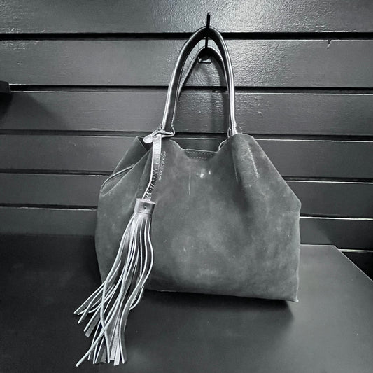 Black Suede Zip Satchel Handbag with Tassel
