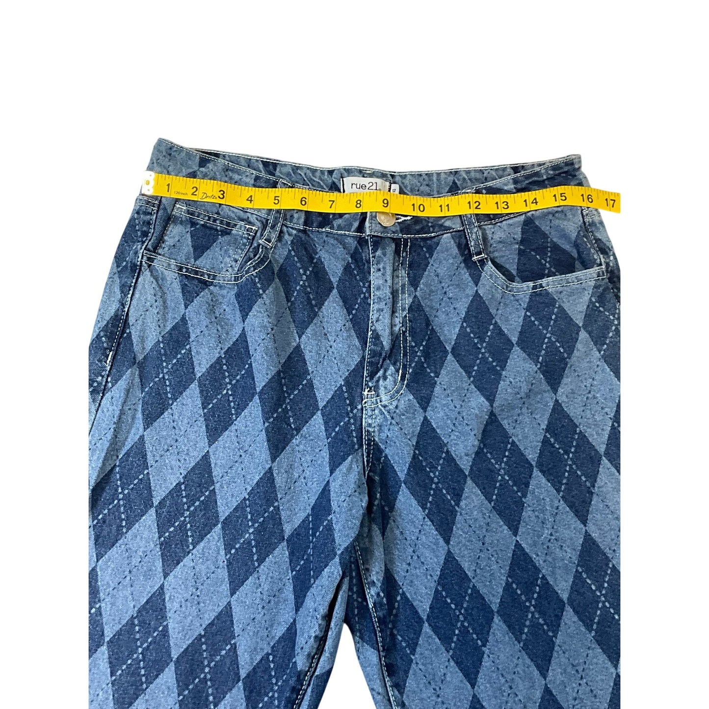 Rue21 Women’s Argyle Mom Jeans Y2K Baggy Tapered Blue Denim Sz 12