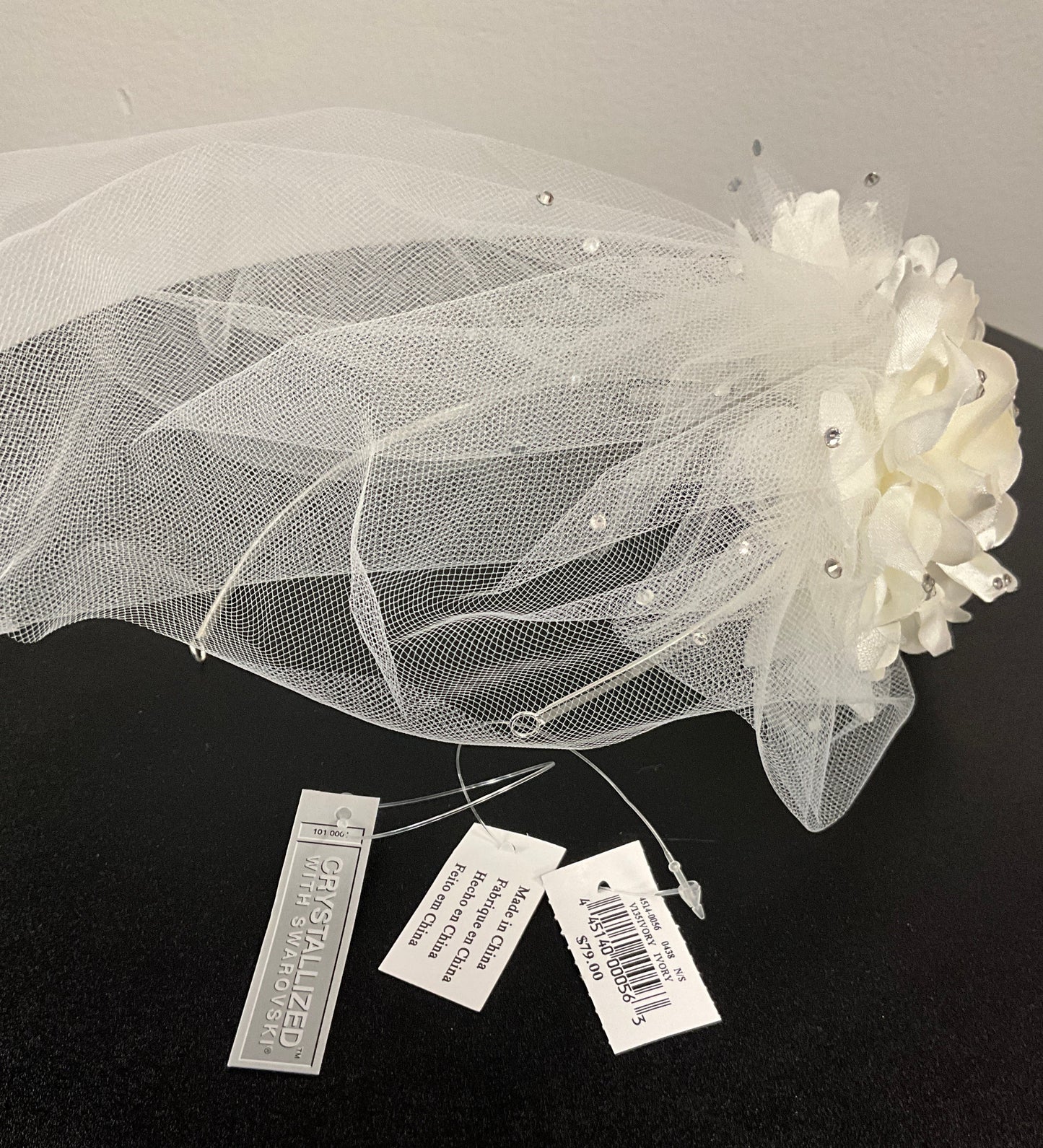 Ivory Tulle Blusher with Crystals and Flowers