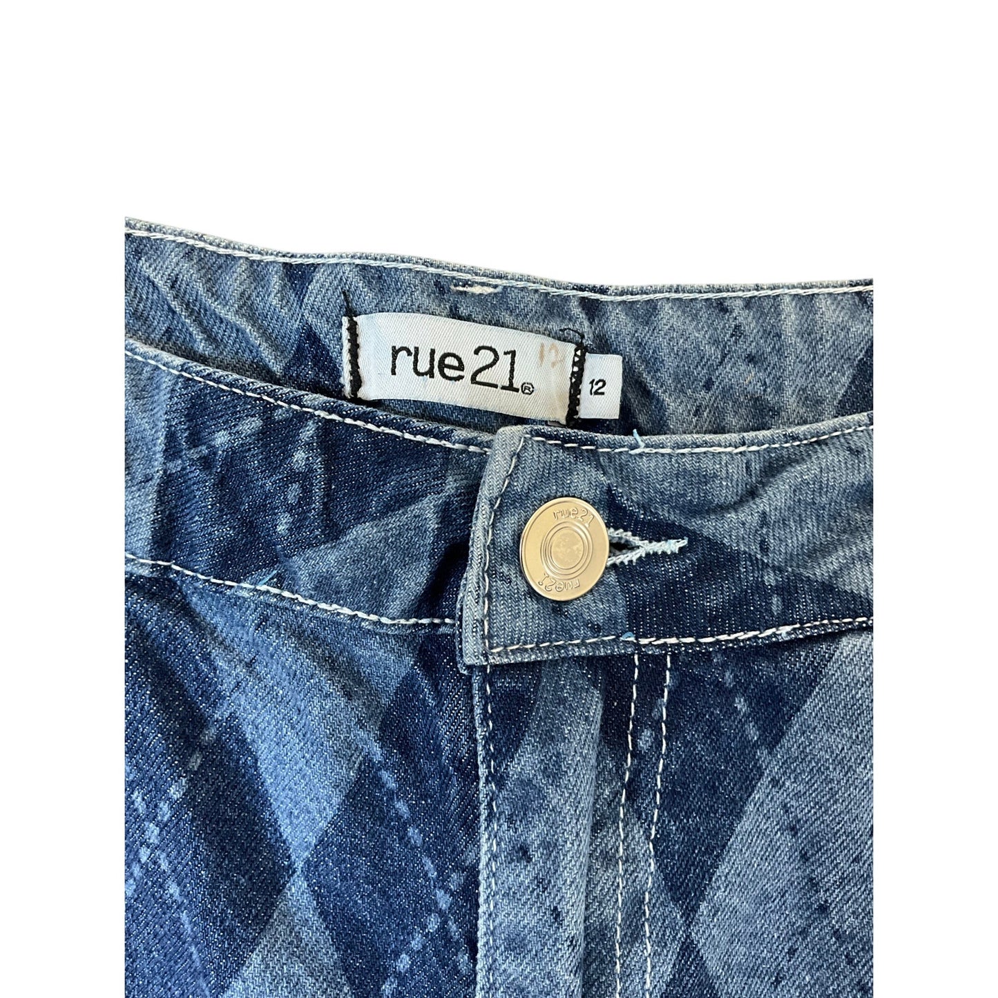 Rue21 Women’s Argyle Mom Jeans Y2K Baggy Tapered Blue Denim Sz 12
