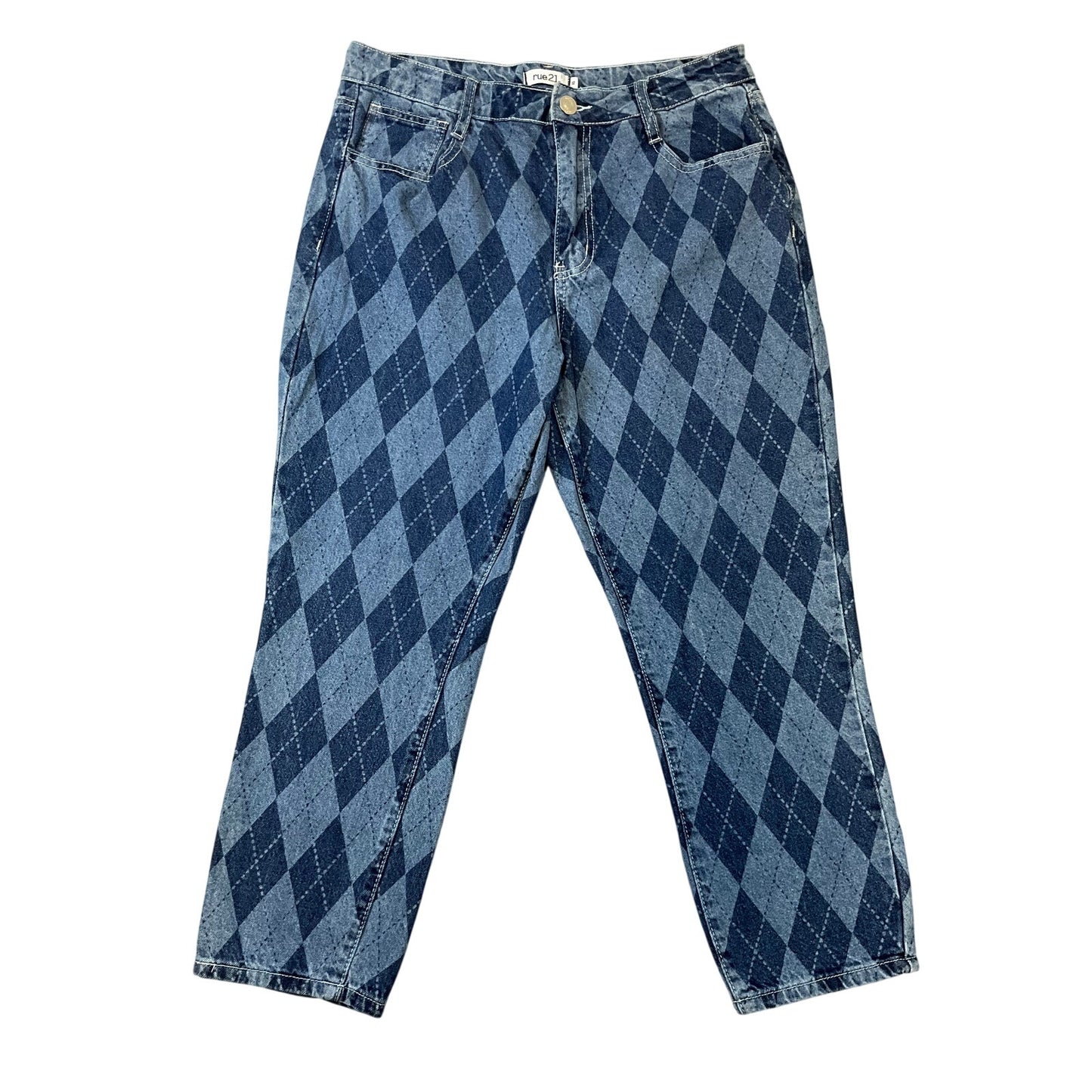 Rue21 Women’s Argyle Mom Jeans Y2K Baggy Tapered Blue Denim Sz 12