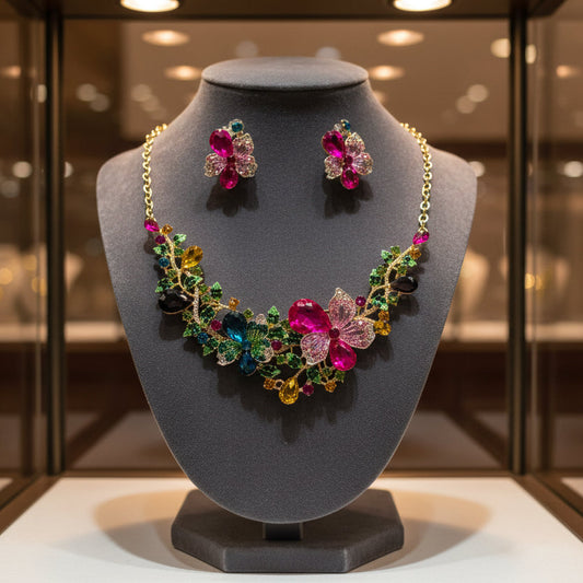 Floral Rhinestone Necklace with Earrings Set