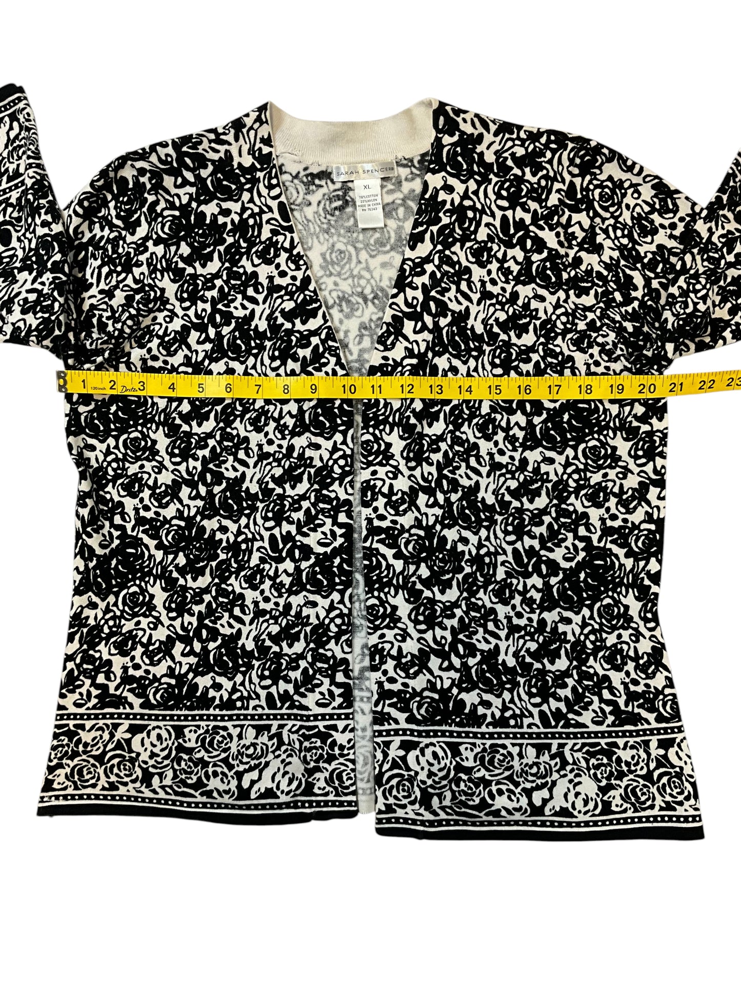 Sarah Spencer Womens XL Black Ivory Floral Open Front Cardigan 3/4 Sleeve