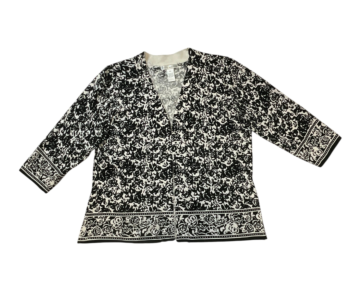 Sarah Spencer Womens XL Black Ivory Floral Open Front Cardigan 3/4 Sleeve