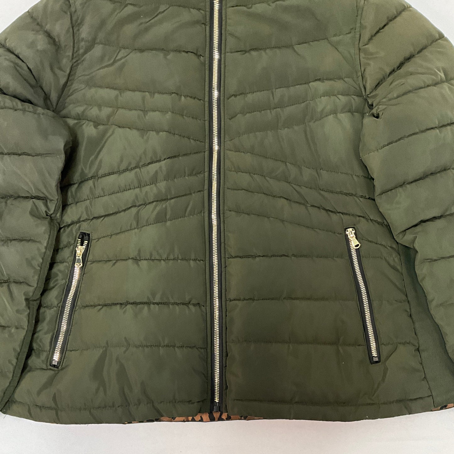 Snobbish Women's Reversible Olive Green/Animal Print Faux Fur Hooded Puffer Coat