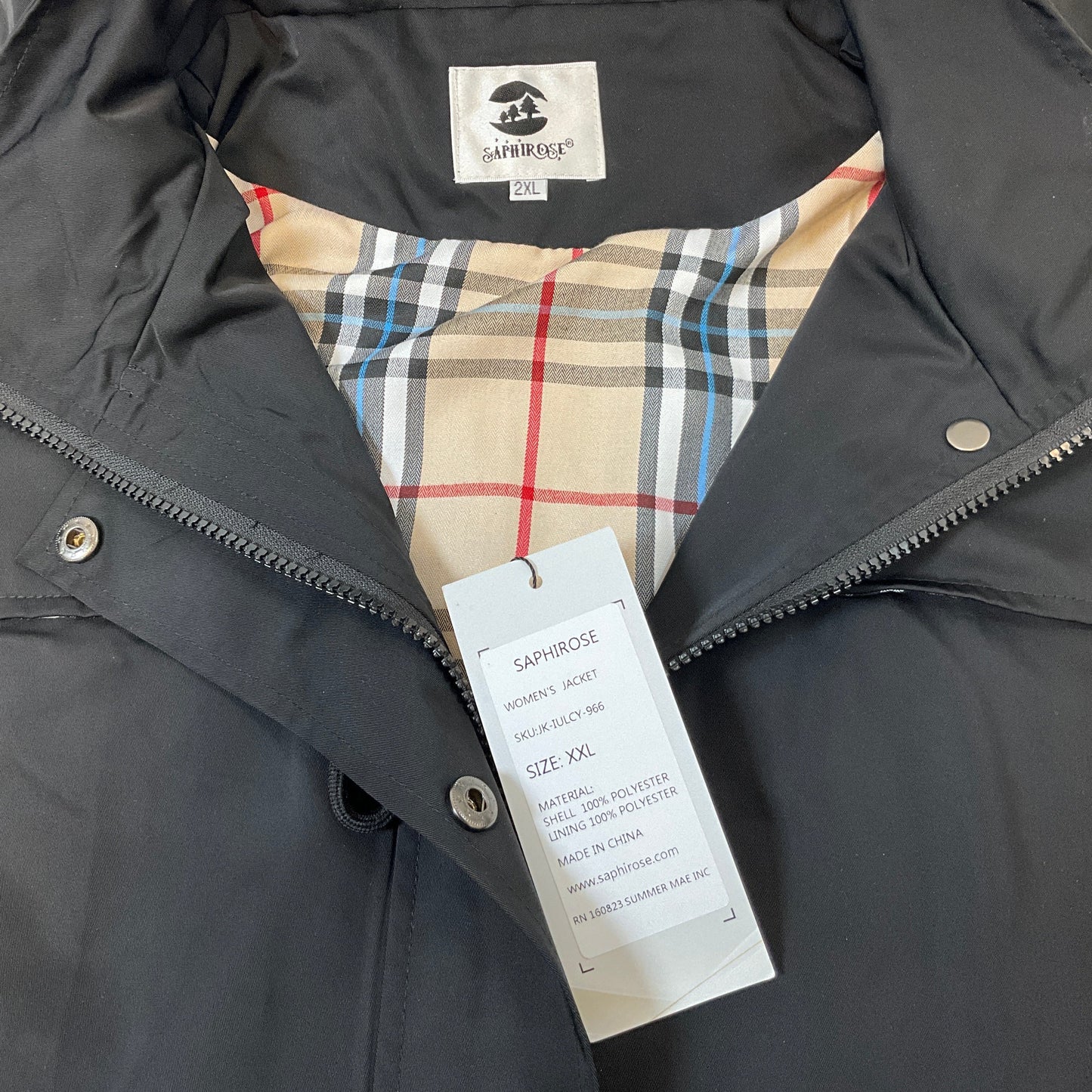 SaphiRose Women's Long Hooded Black Rain Jacket Size 2XL