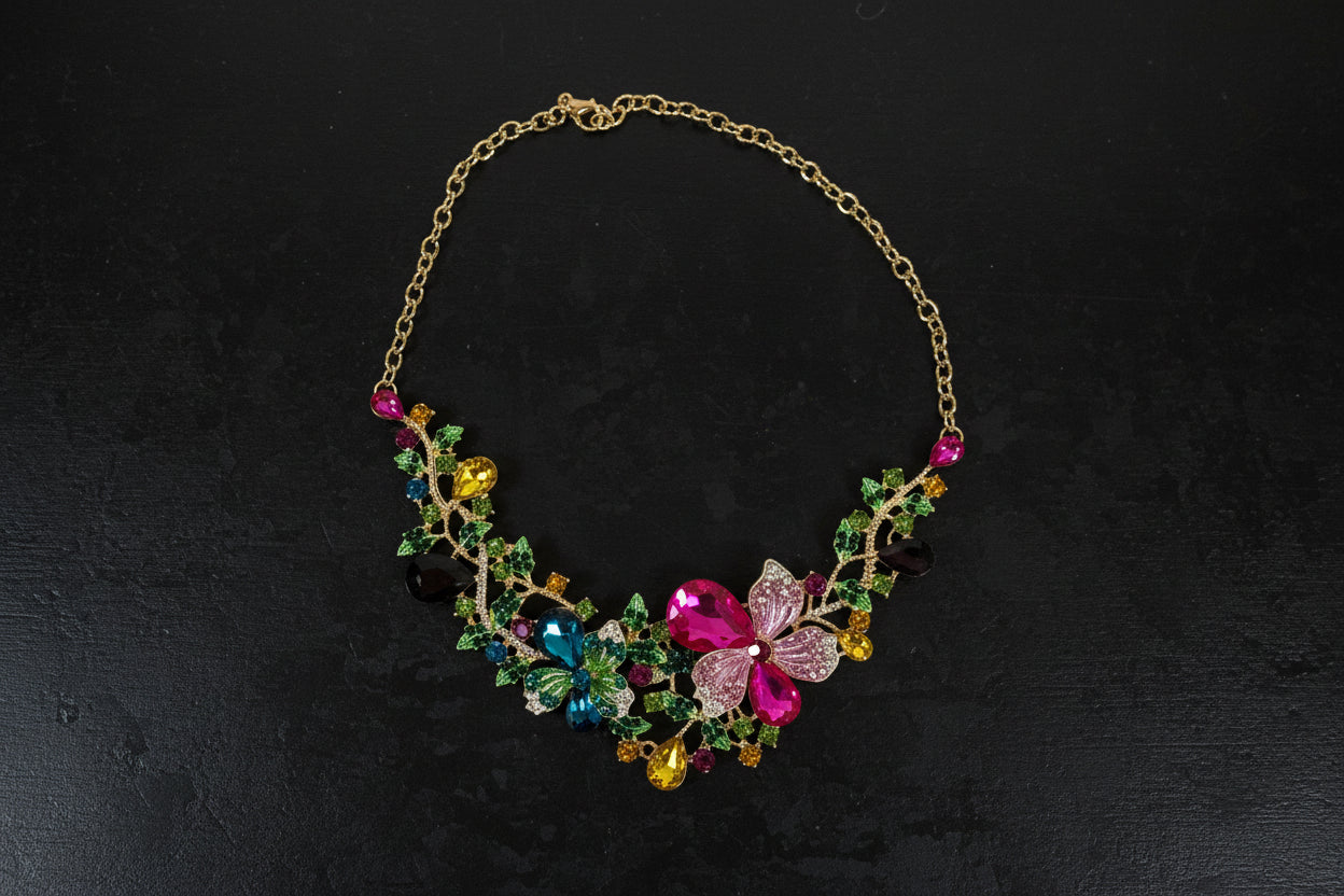 Floral Rhinestone Necklace with Earrings Set