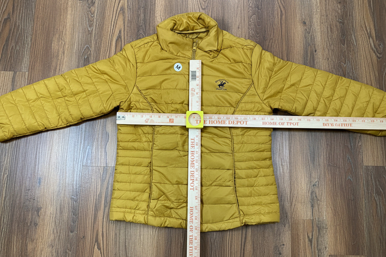 Women's Gold Puffer Jacket with Detachable Hoodie Pouch