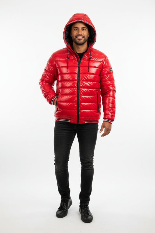 Man wearing a red puffer jacket on a white background