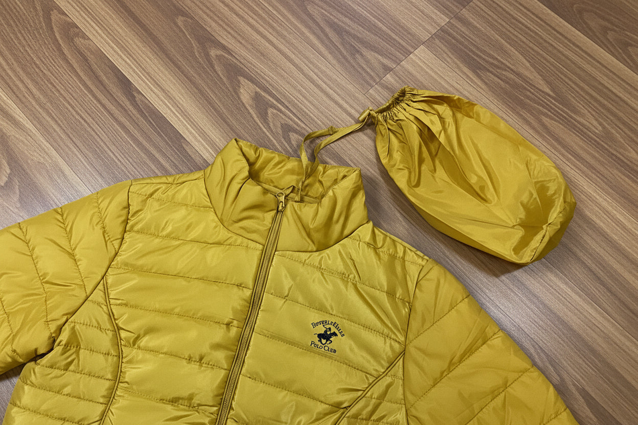 Women's Gold Puffer Jacket with Detachable Hoodie Pouch