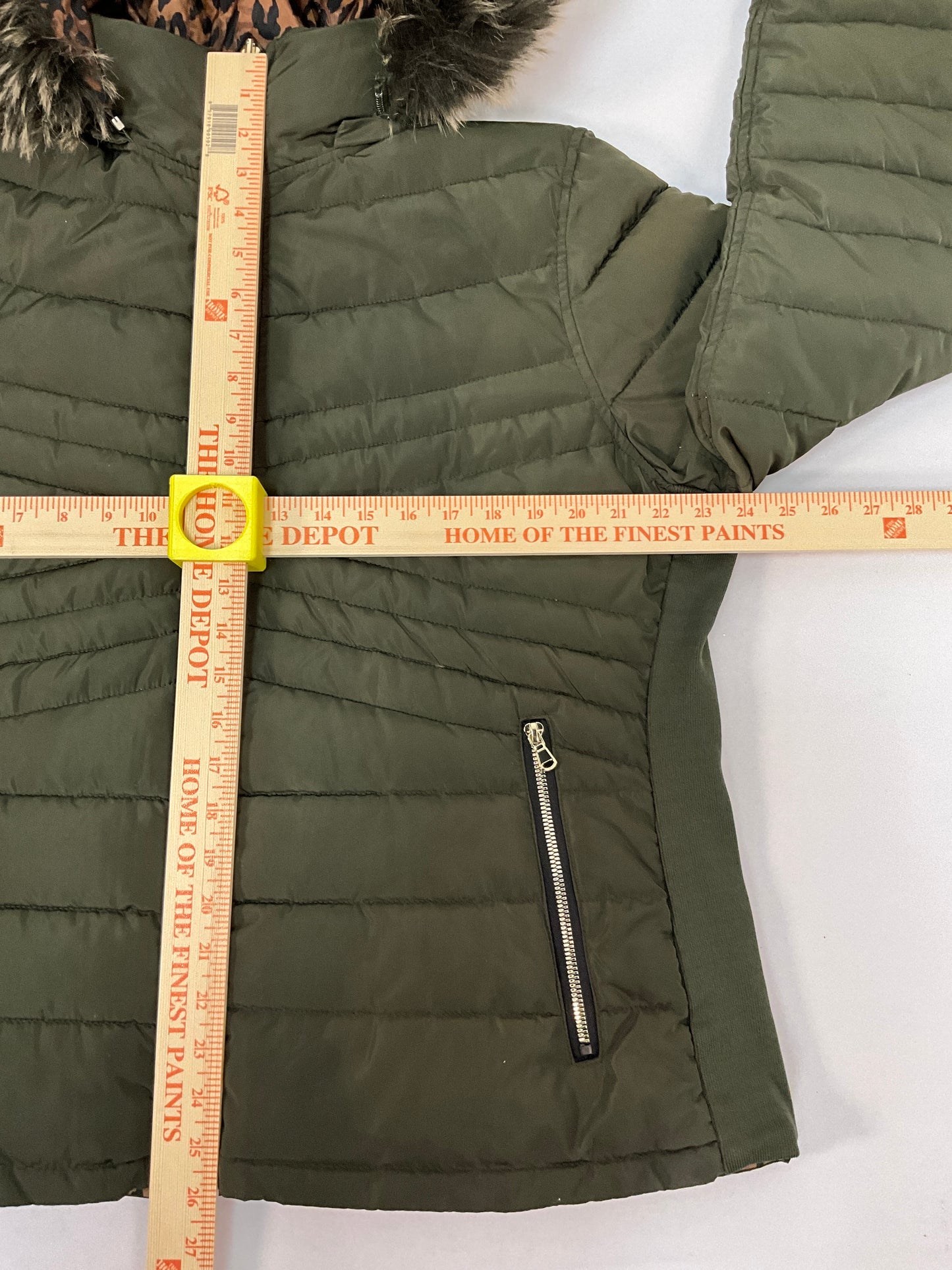 Snobbish Women's Reversible Olive Green/Animal Print Faux Fur Hooded Puffer Coat