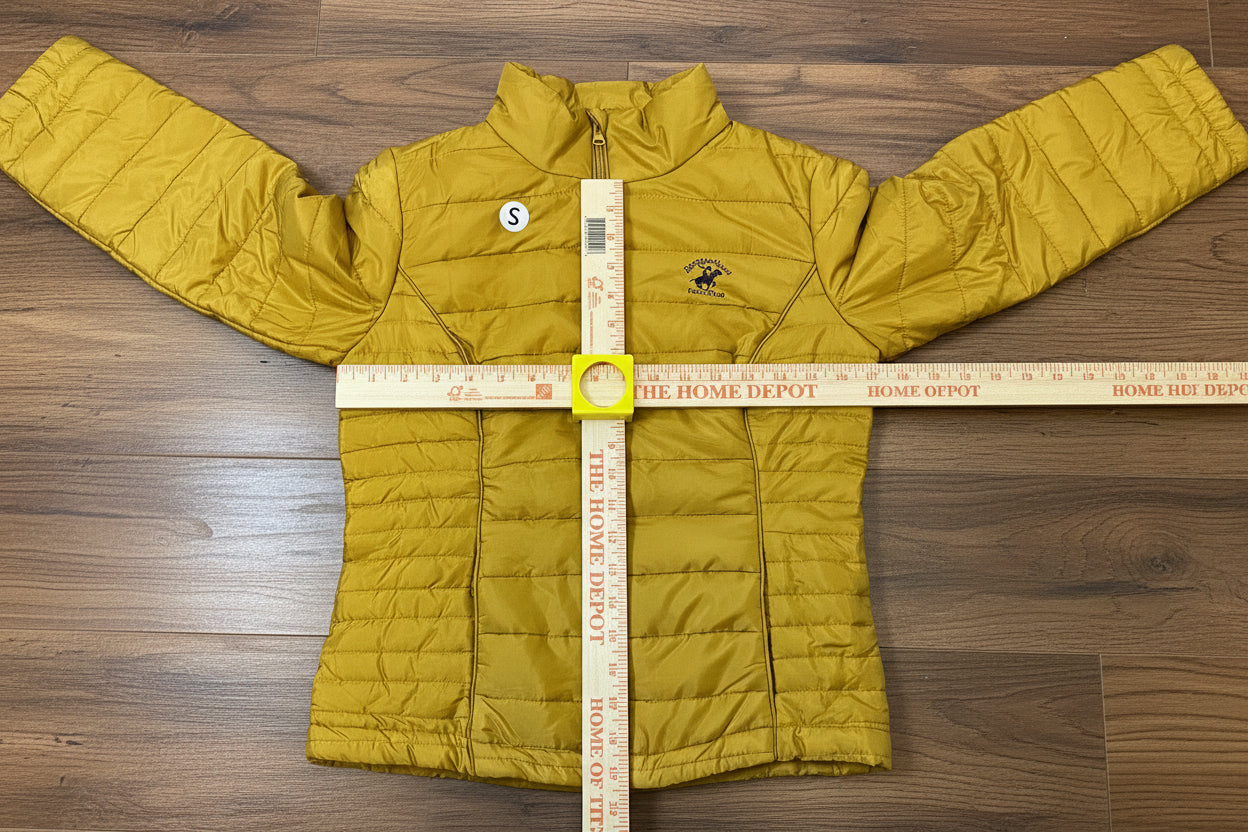 Women's Gold Puffer Jacket with Detachable Hoodie Pouch