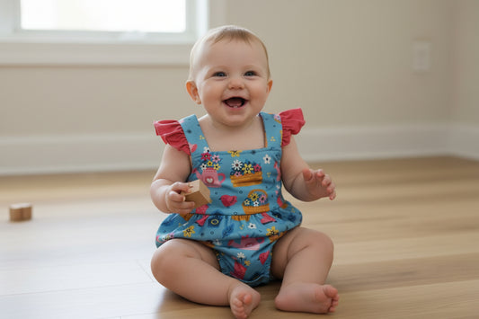 Pete + Lucy Girls Blue Gardening Bliss Romper 3-6 mos