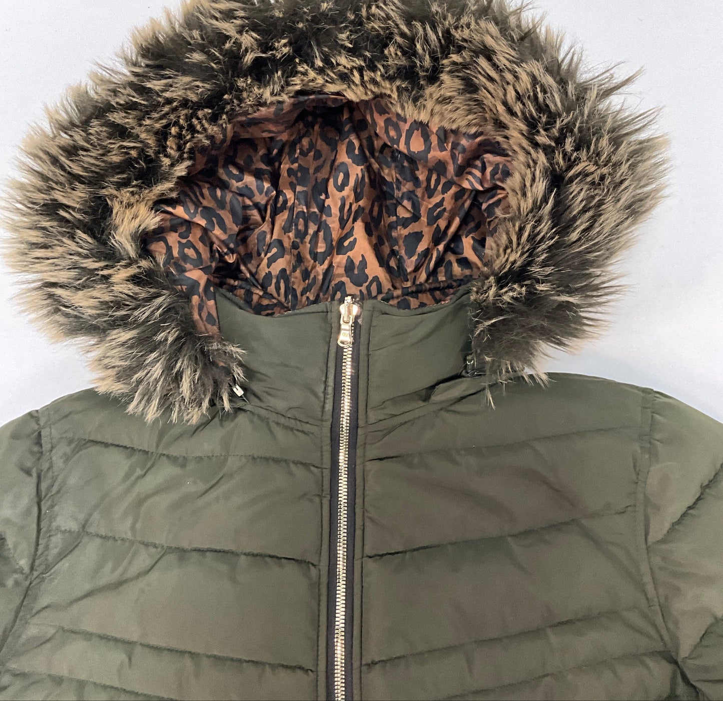 Snobbish Women's Reversible Olive Green/Animal Print Faux Fur Hooded Puffer Coat