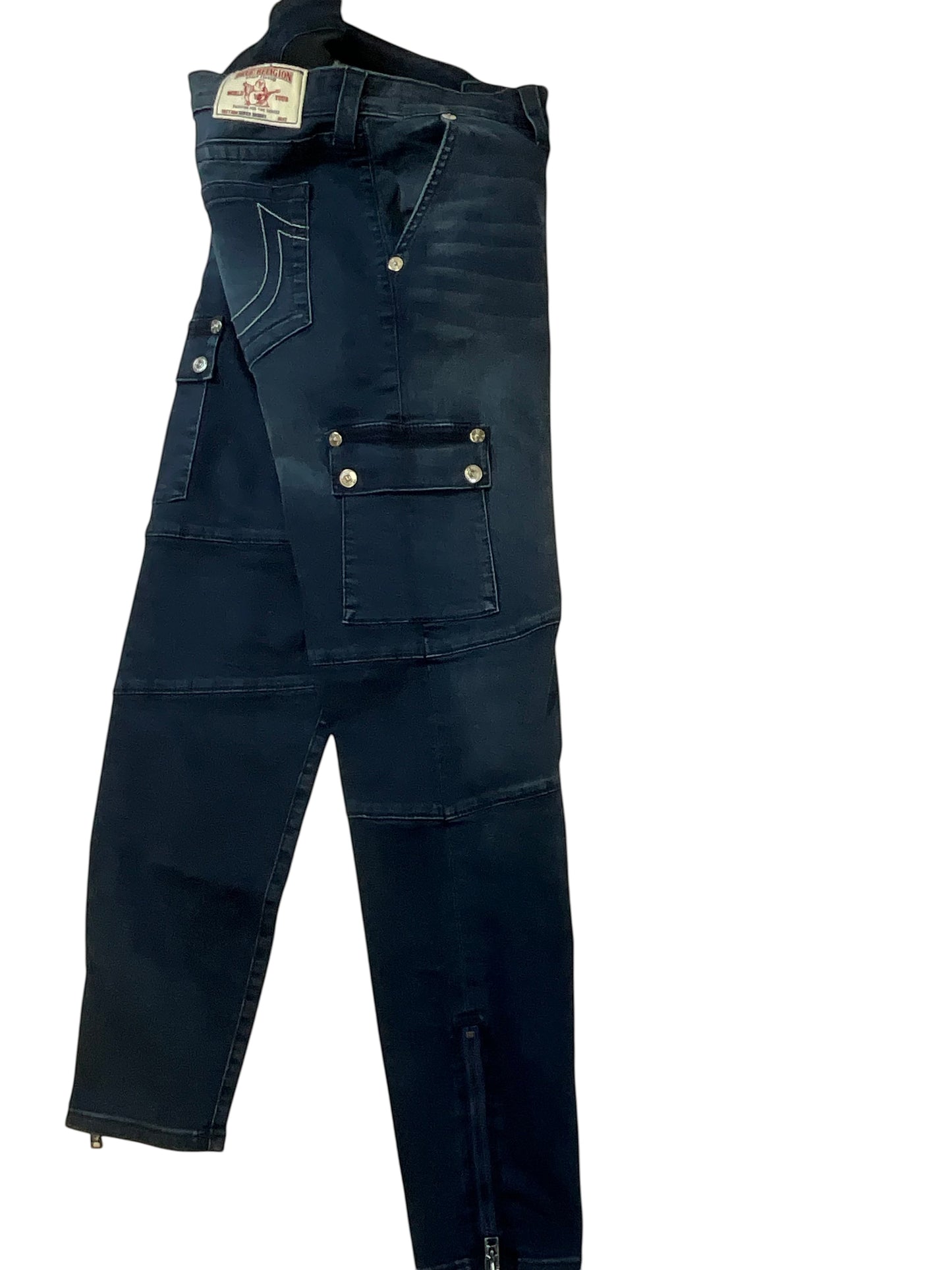 True Religion Men’s 33 Super Skinny Dark Black Wash Cargo Jeans Zipper Ankle