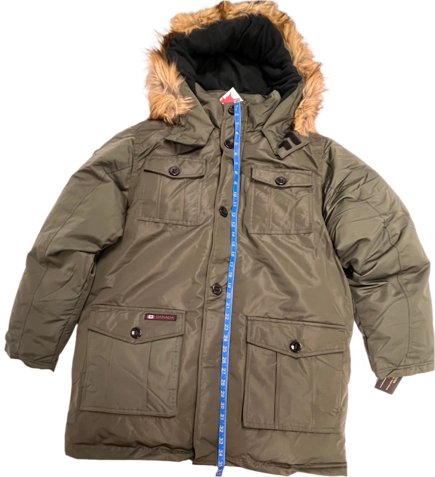 Abrigo con capucha de piel sintética verde para hombre de Canada Weather Gear.