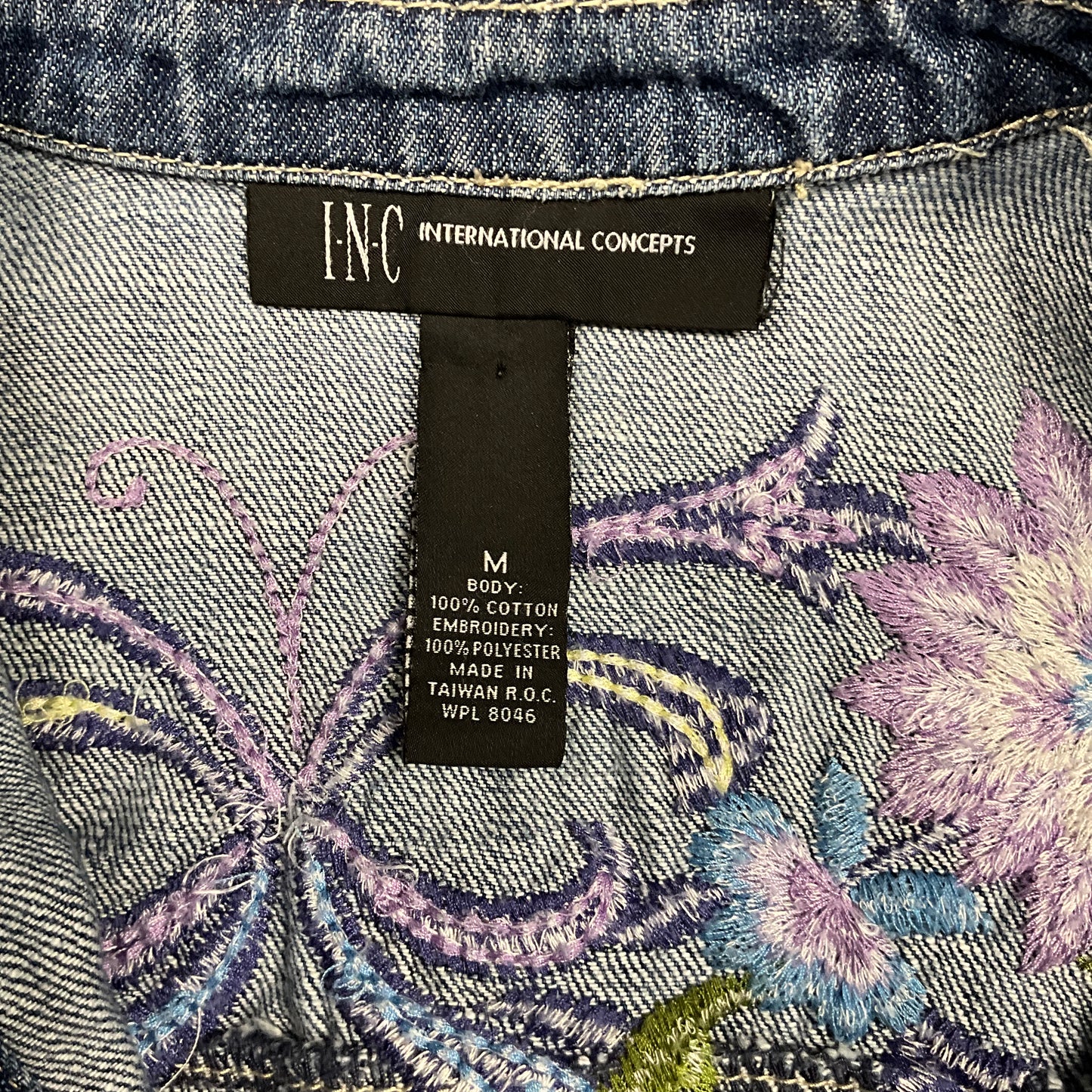 INC International Concepts Women's Floral Embroidered Denim Blue Jacket