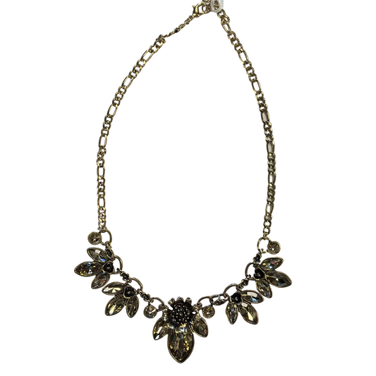 Gold Tone Vintage Chain Link Rhinestone Leaf Necklace