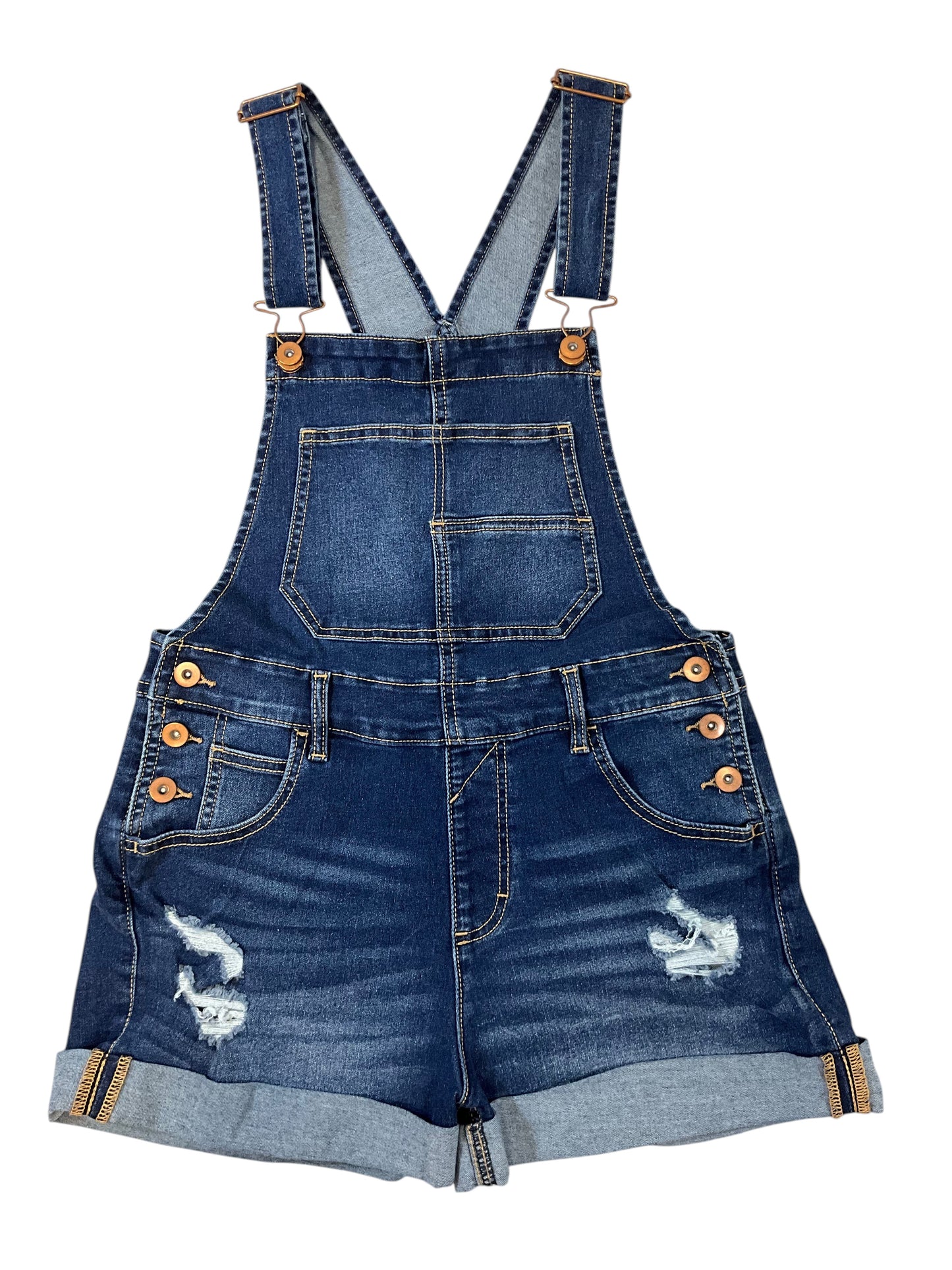No Boundaries Denim Overall Shorts Women's Size S (3-5) Dark Wash Distressed