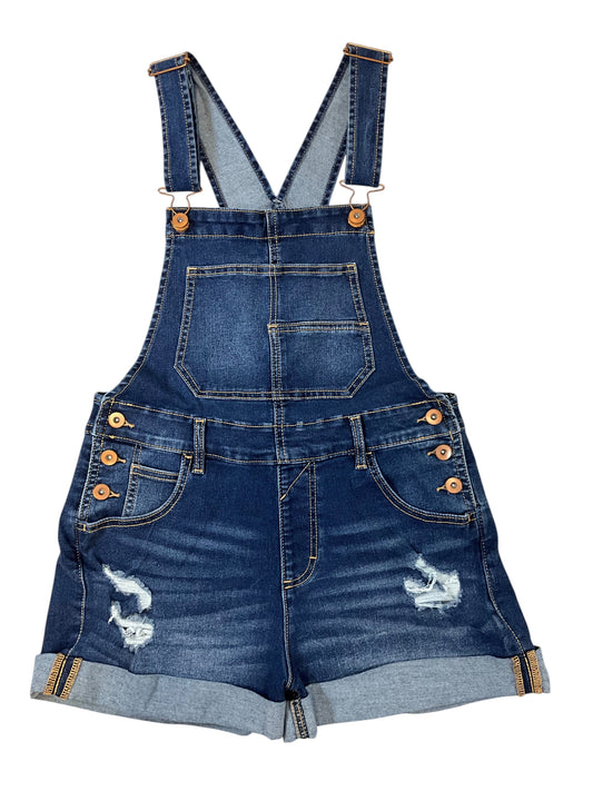 No Boundaries Denim Overall Shorts Women's Size S (3-5) Dark Wash Distressed