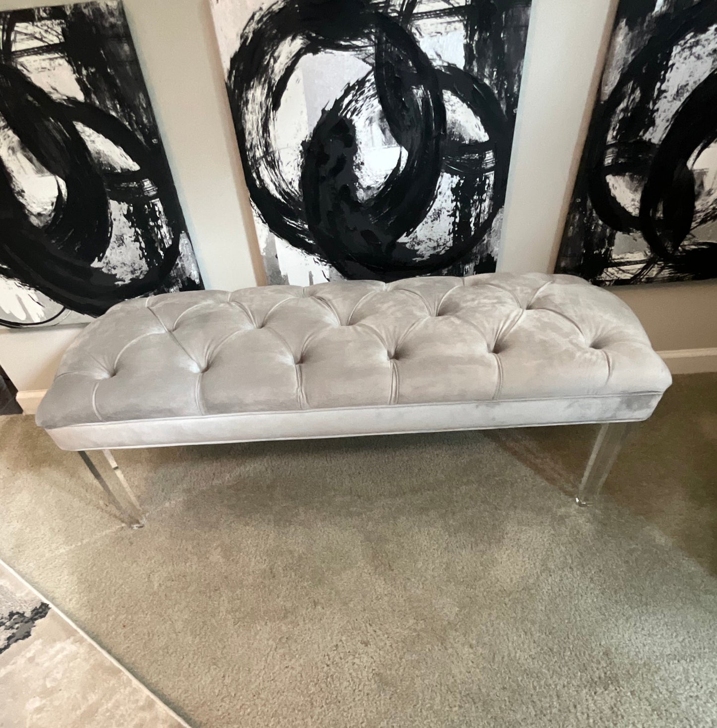 The Home Store Tufted Light Gray Velvet Bench with Clear Acrylic Legs