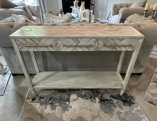 The Home Store Gray Herringbone Wood Console Table with 3 Drawers & Lower Shelf