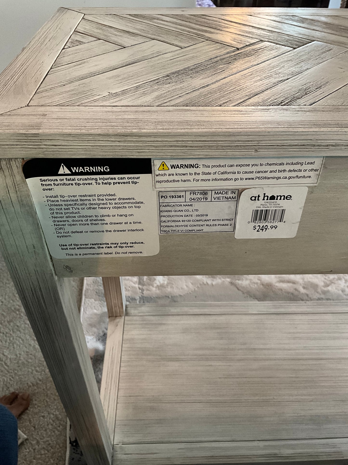 The Home Store Gray Herringbone Wood Console Table with 3 Drawers & Lower Shelf