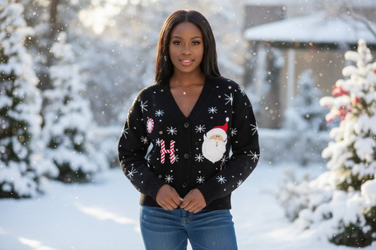 Woman wearing a festive sweater with Santa Claus in a snowy outdoor setting