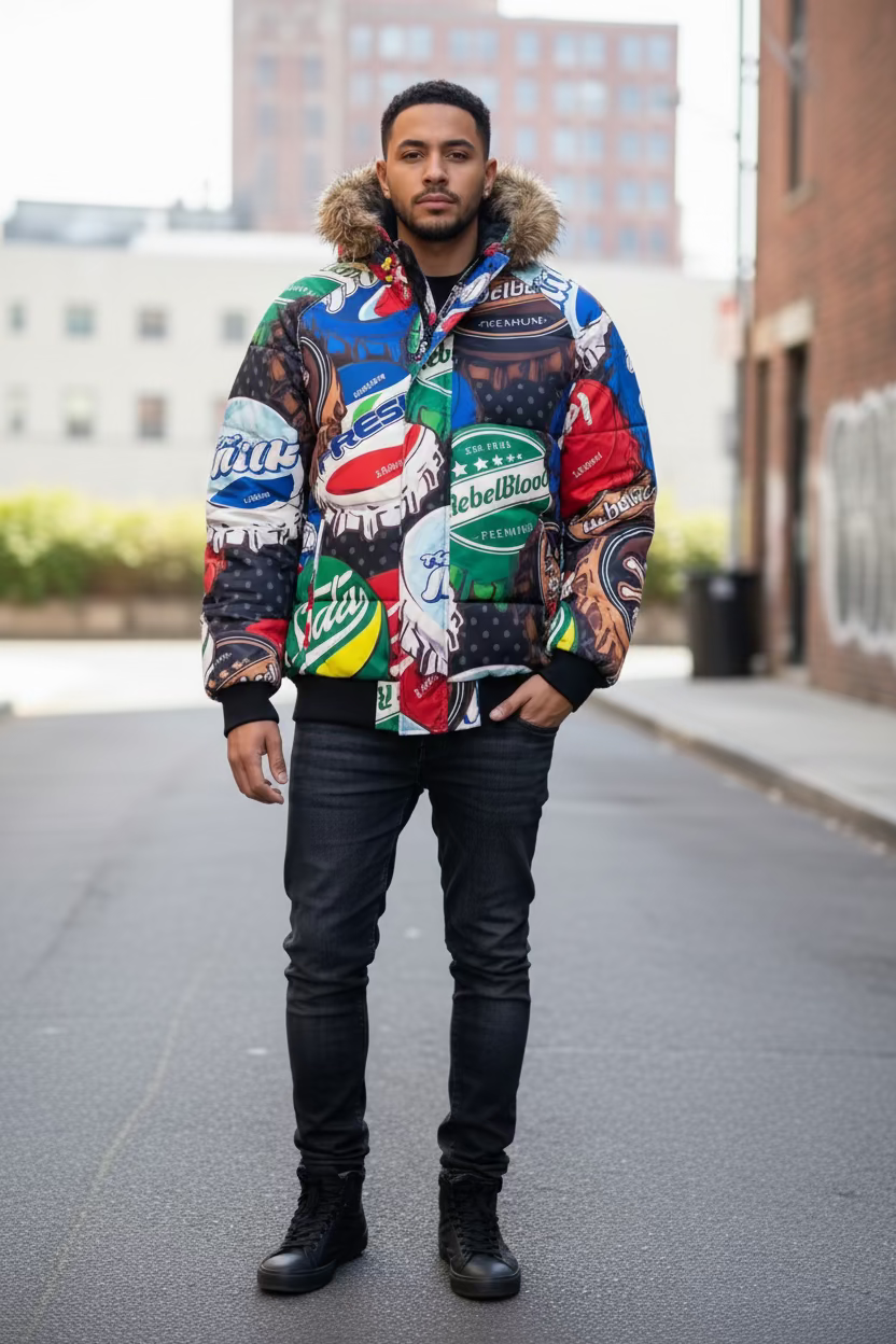 Members Only Men's Bottle Cap Print Faux Fur Hooded Coat
