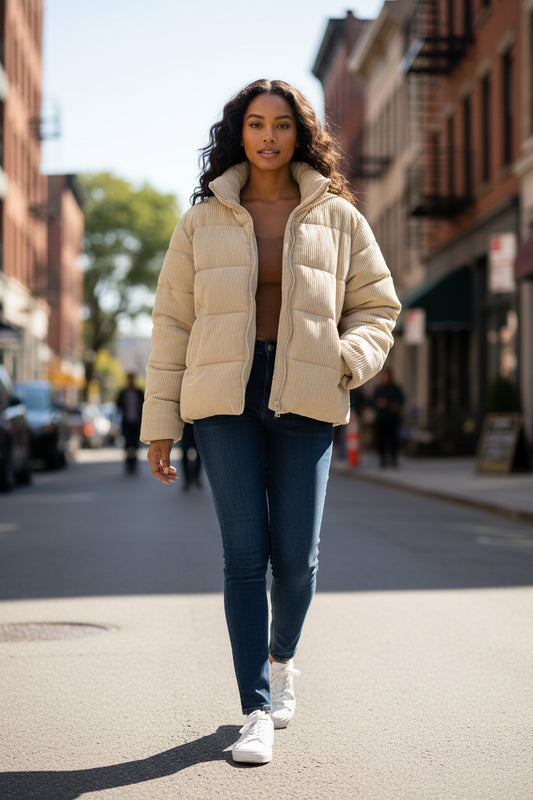 Pink Platinum Cream Puffer Corduroy Jacket