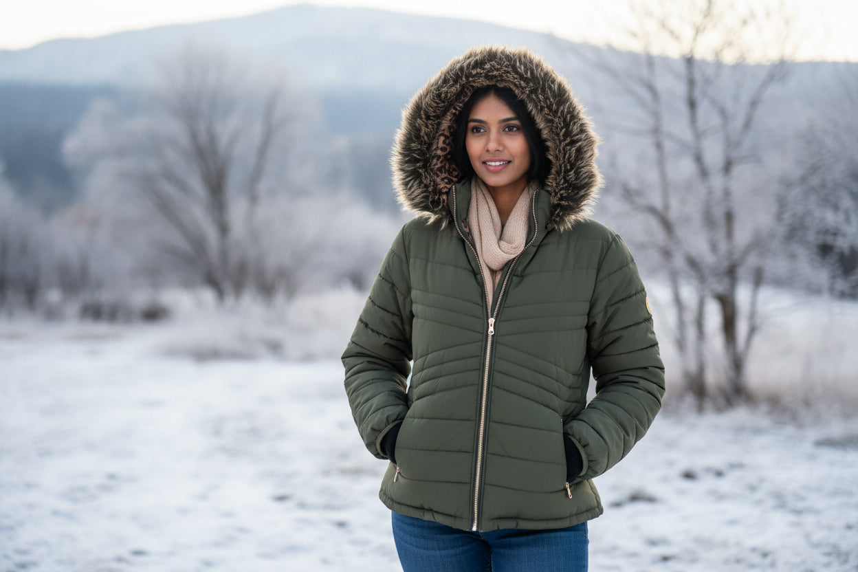 Snobbish Women's Reversible Olive Green/Animal Print Faux Fur Hooded Puffer Coat