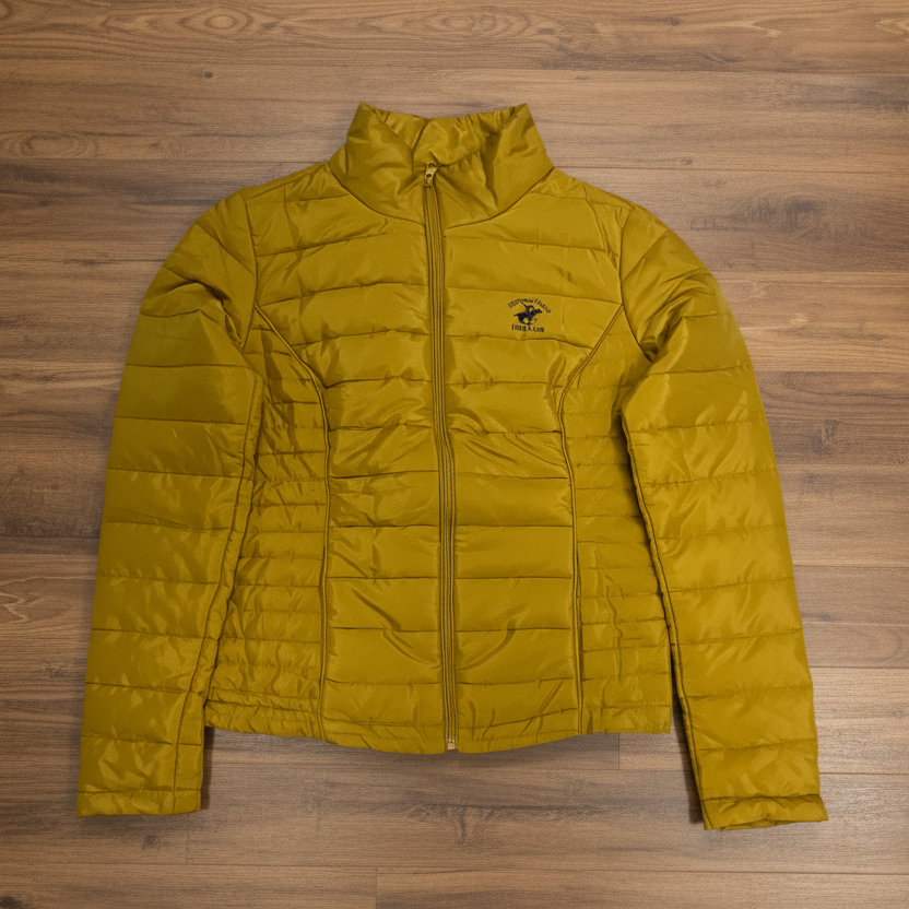 Women's Gold Puffer Jacket with Detachable Hoodie Pouch