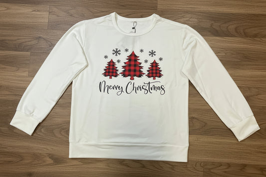 Women's White Holiday Christmas Tree Long Sleeve Top