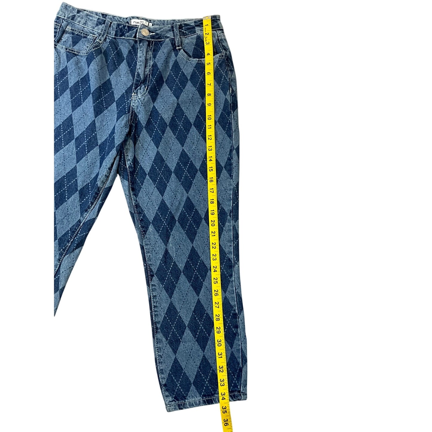 Rue21 Women’s Argyle Mom Jeans Y2K Baggy Tapered Blue Denim Sz 12