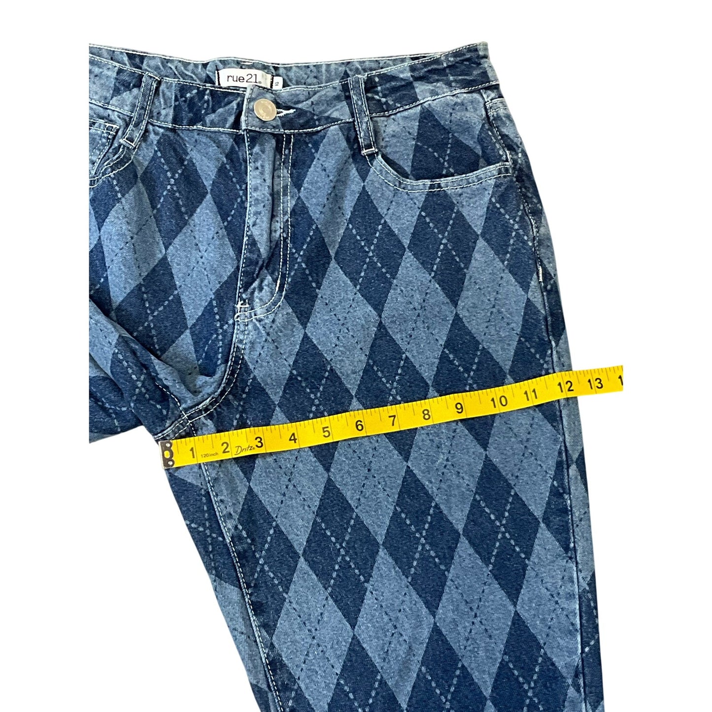 Rue21 Women’s Argyle Mom Jeans Y2K Baggy Tapered Blue Denim Sz 12